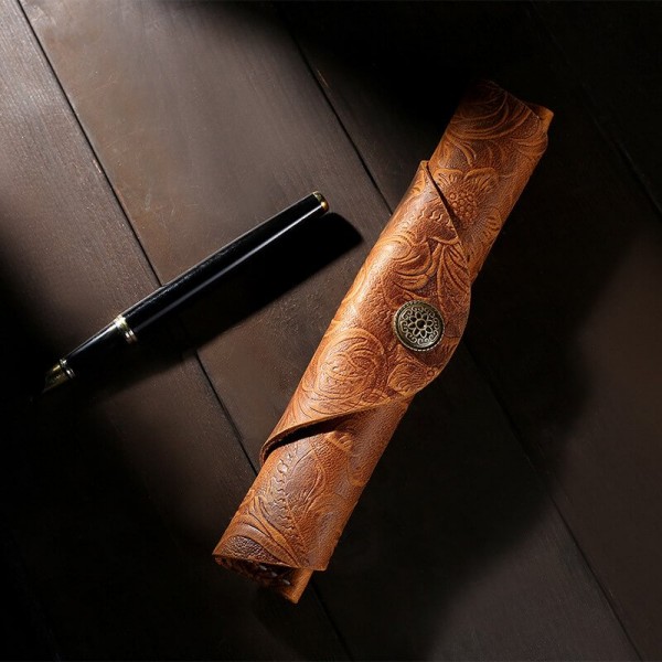 Vintage Handmade Retro Pen Case Holder - 100% Cowhide Full Grain Leather