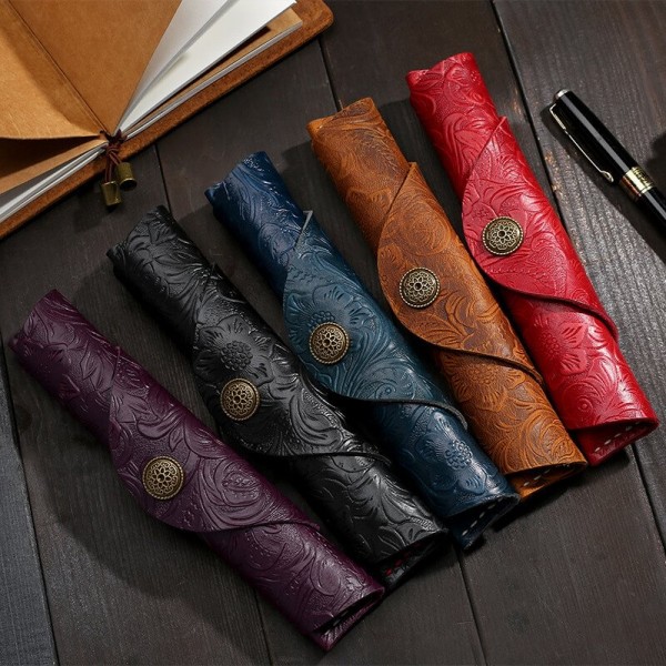 Vintage Handmade Retro Pen Case Holder - 100% Cowhide Full Grain Leather