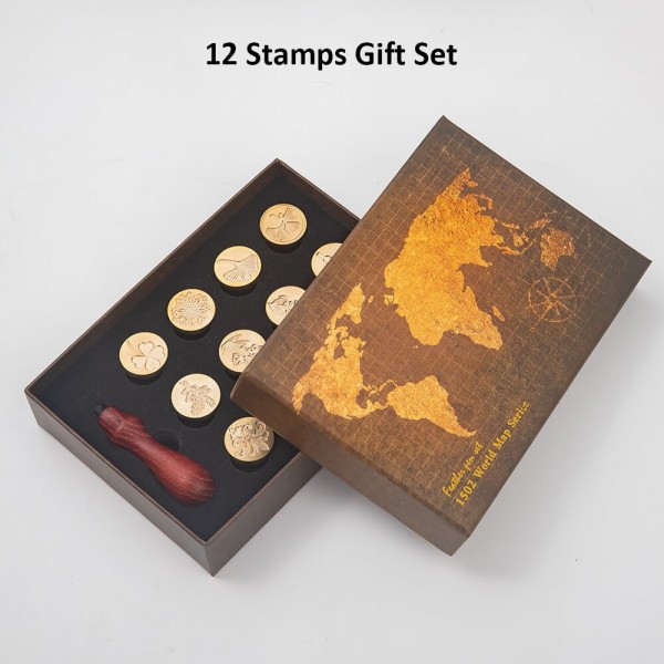 Wax Seal Stamp Set - 12 Stamps Plant Series with Map Gift Box