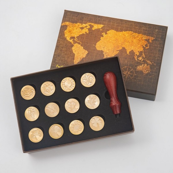 Wax Seal Stamp Set - 12 Stamps Plant Series with Map Gift Box