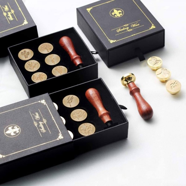 Wax Seal Stamp Set, Retro Wax Stamp Seals kit, Copper Seals+ Wooden Handle